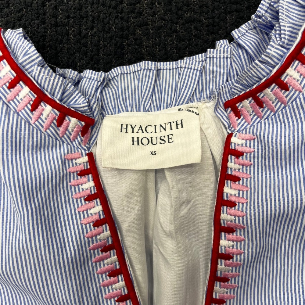 Hyacinth House Blue White Striped Embroidered Tiered Puff Sleeve Mini Dress XS - Picture 3 of 7